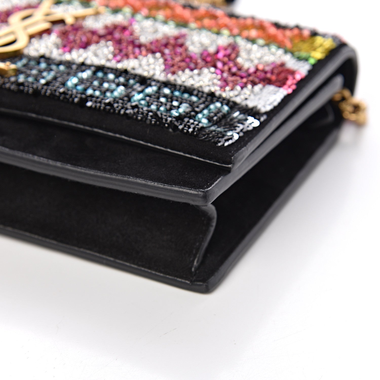Saint Laurent Suede Sequin Bead Embellished Classic Monogram Kate Tassel Chain Wallet Black Multicolor 9 of 10