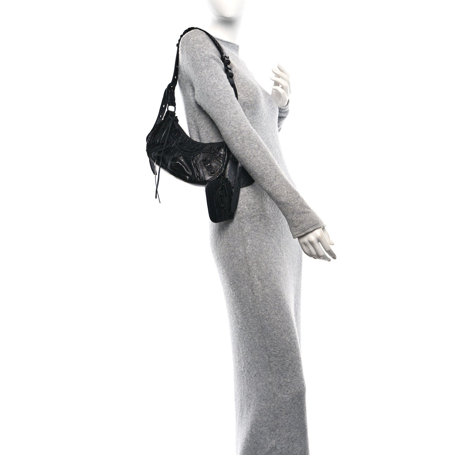 Extra Supple Calfskin Crocodile Embossed Monochrome Le Cagole Shoulder Bag XS Black
