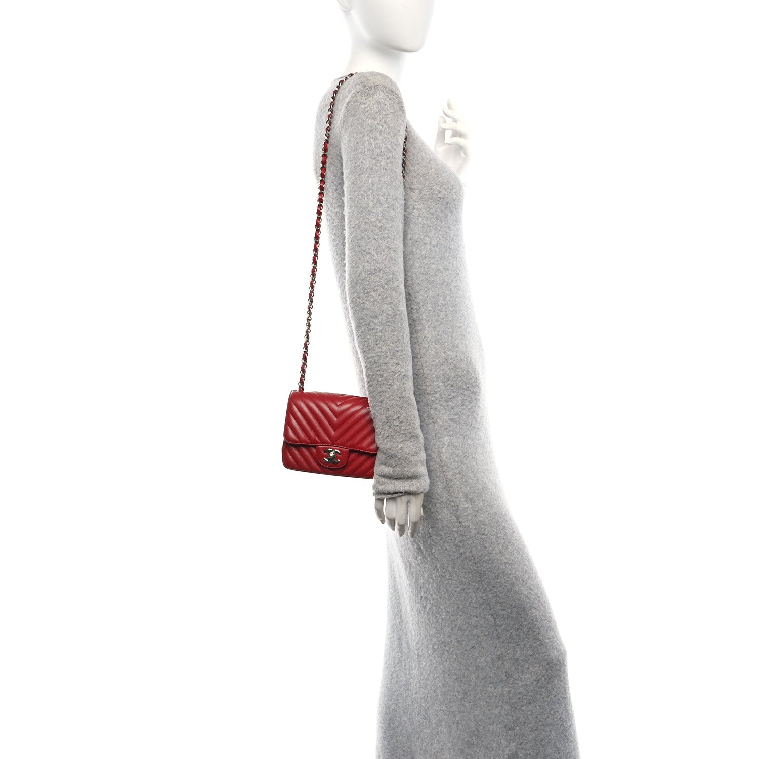 Chanel Caviar Chevron Quilted Mini Square Flap Red 2 of 11