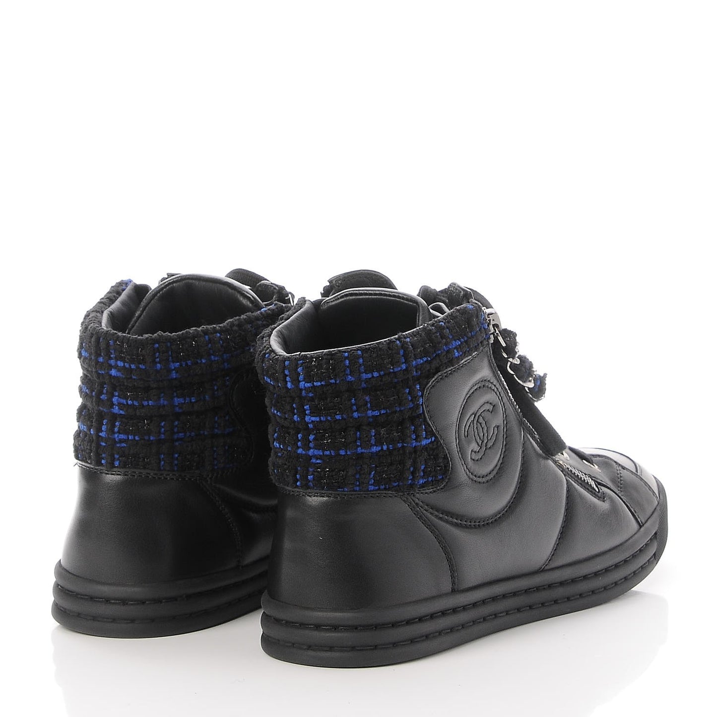 Lambskin Tweed Zipped Sneakers 38.5 Black Blue