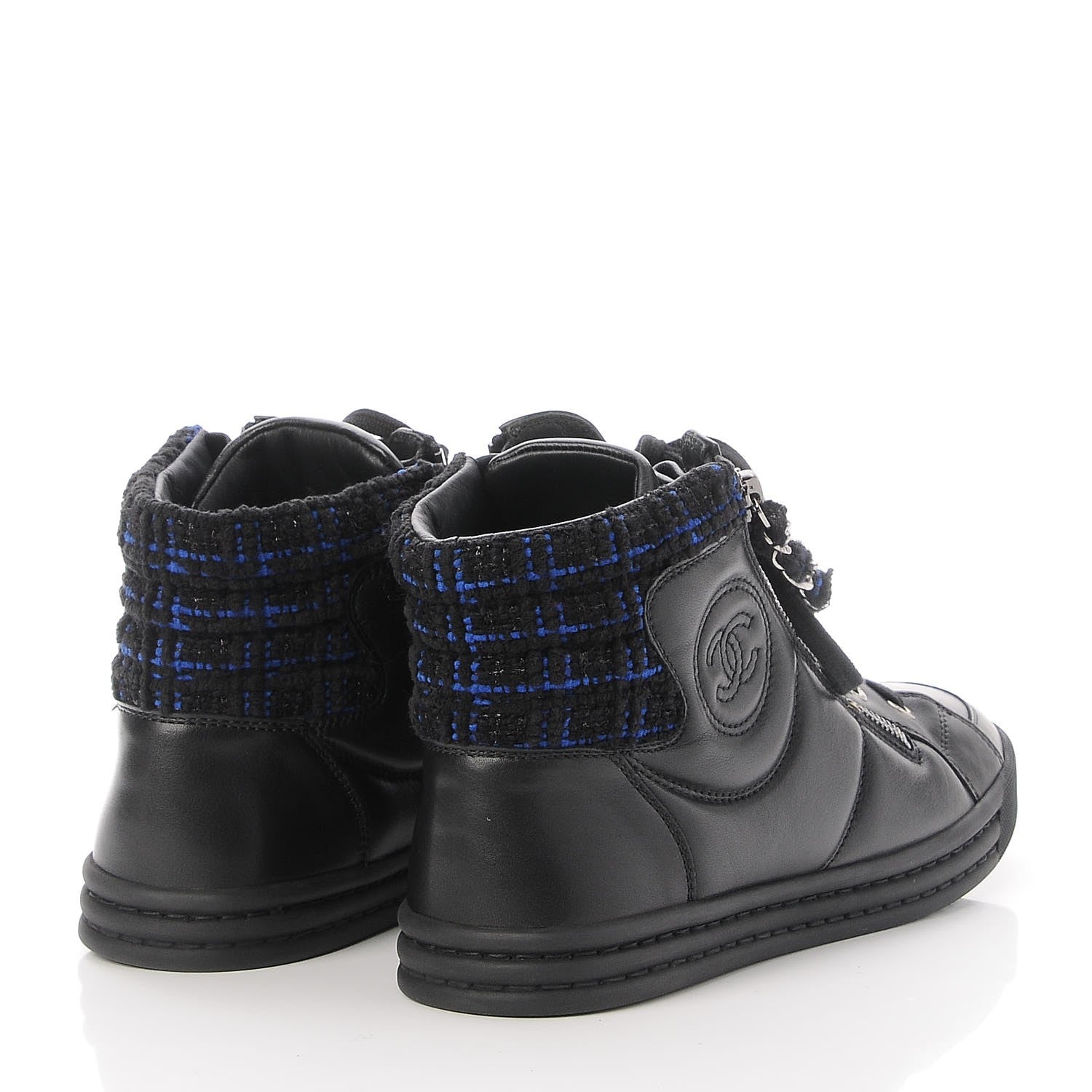 Chanel Lambskin Tweed Zipped Sneakers 38.5 Black Blue 4 of 9