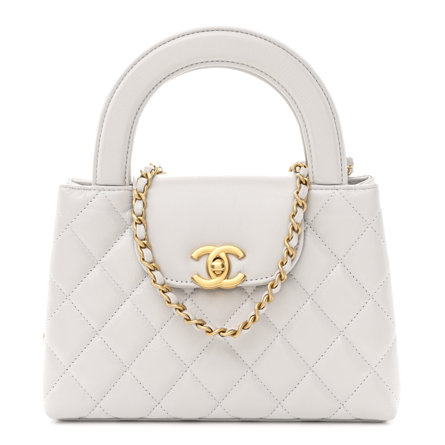 Shiny Aged Calfskin Quilted Nano Kelly Shopper Light Grey
