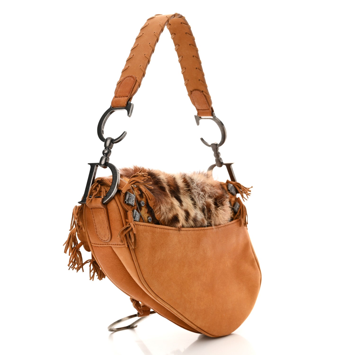 Christian Dior Suede Fur Studded Fringe Saddle Bag Brown 3 of 10