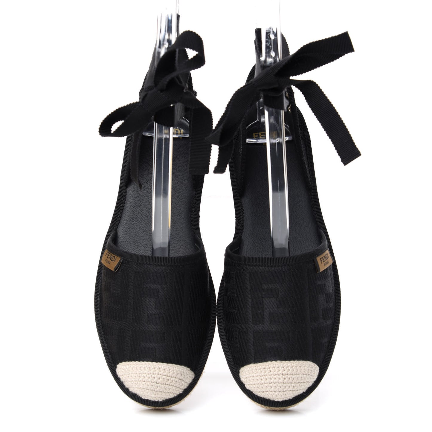 Canvas FF Embroidered Roma Ankle Wrap Flat Espadrilles 36 Black