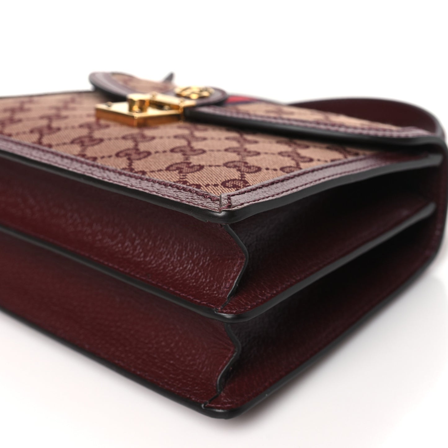 GG Supreme Monogram Textured Dollar Calfskin Web Small Ophidia Padlock Top Handle Bag Bordeaux