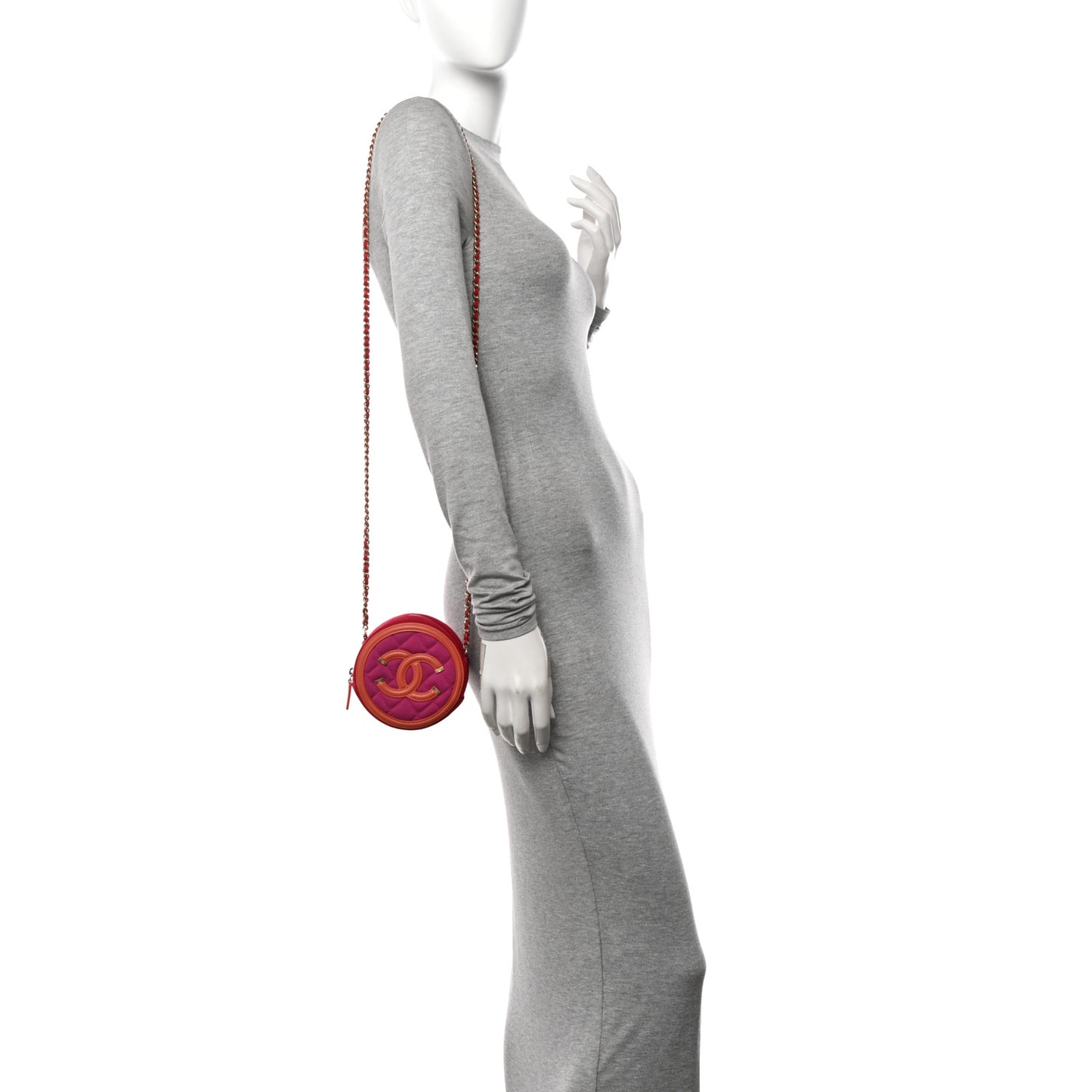 Jersey Quilted CC Filigree Round Clutch With Chain Pink Red Orange