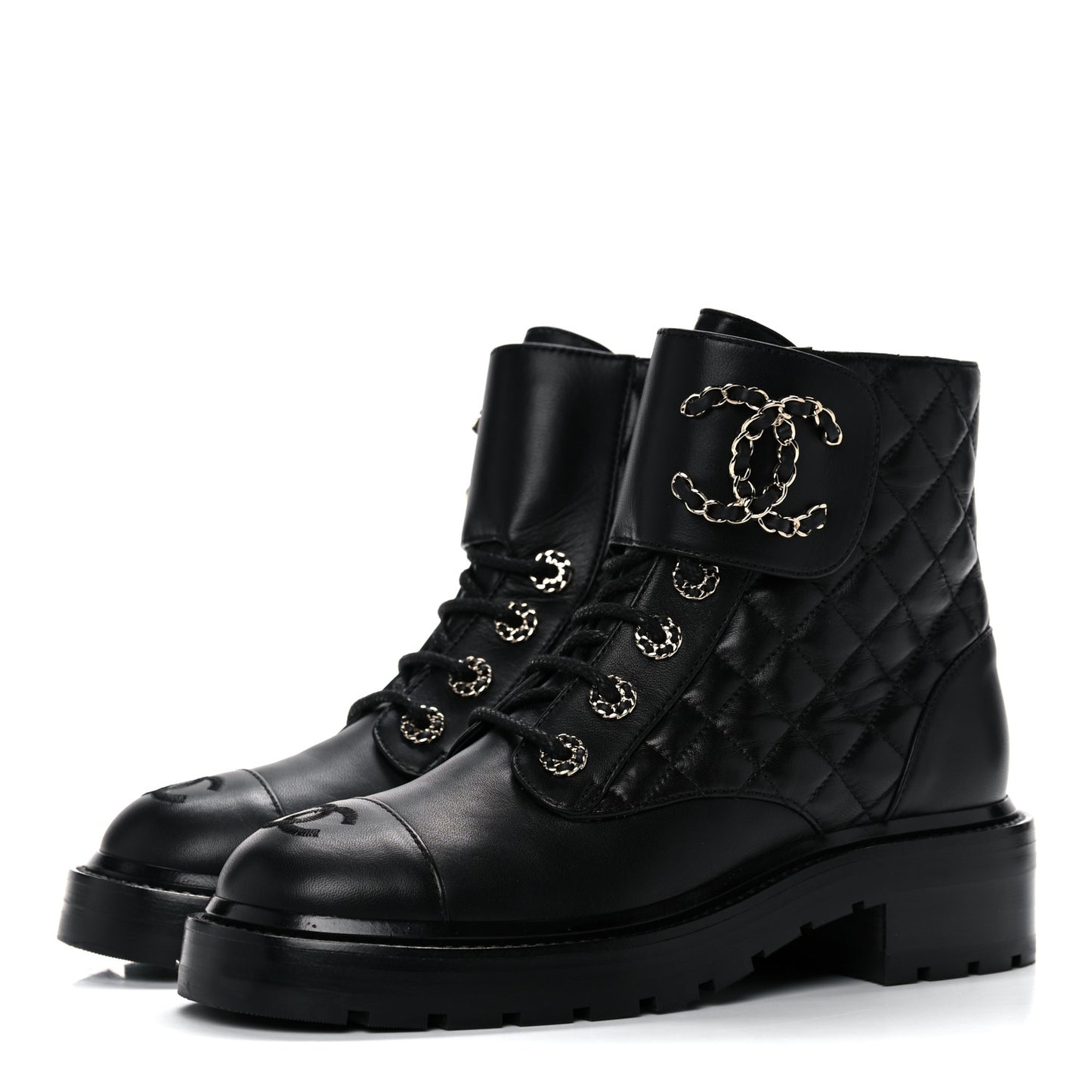 Shiny Lambskin Quilted Lace Up Combat Boots 36.5 Black