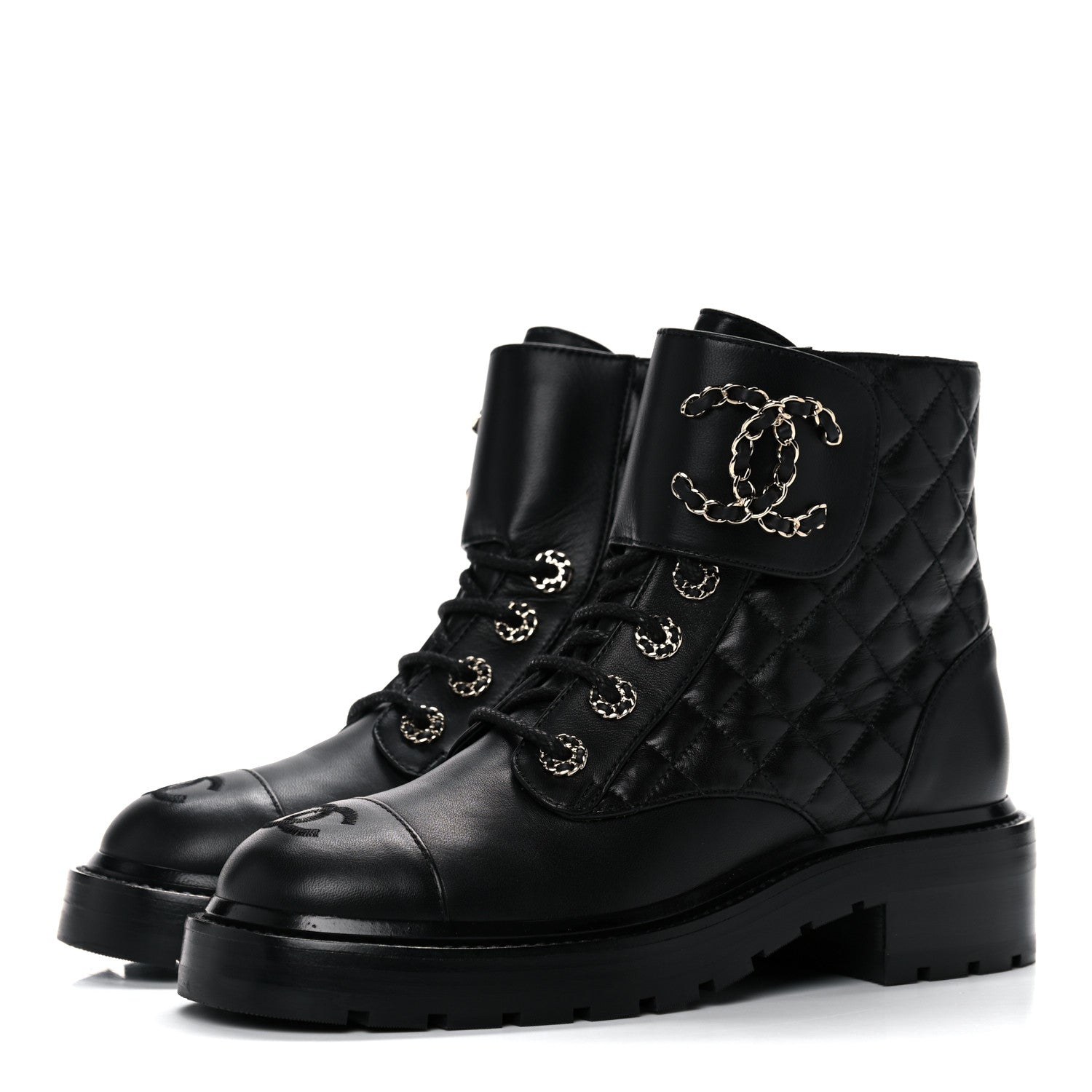Chanel Shiny Lambskin Quilted Lace Up Combat Boots 36.5 Black 3 of 9
