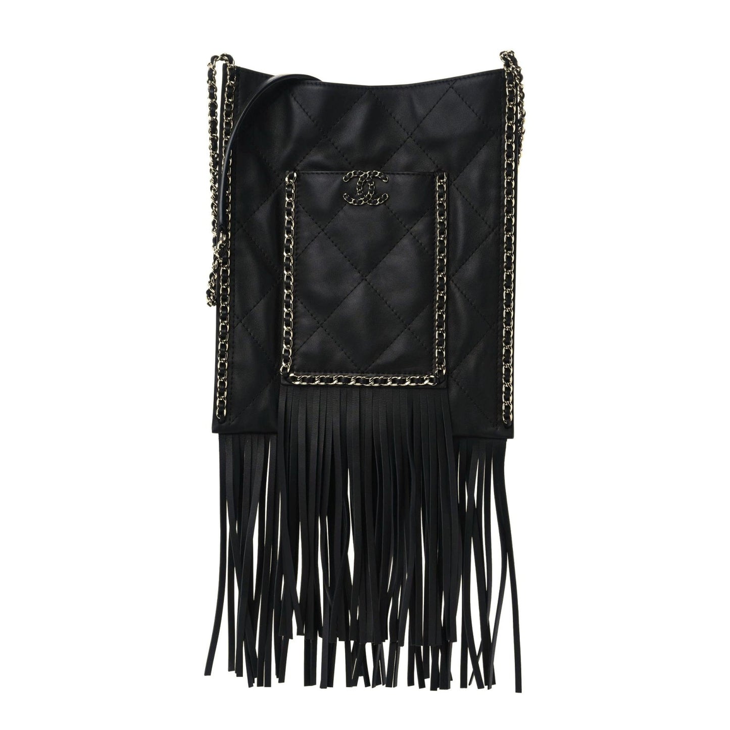 Calfskin Quilted Fringe Small Shopping Bag Black