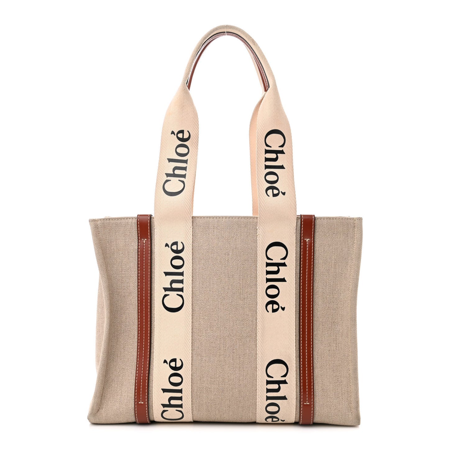 Linen Calfskin Medium Woody Ribbon Tote White Brown