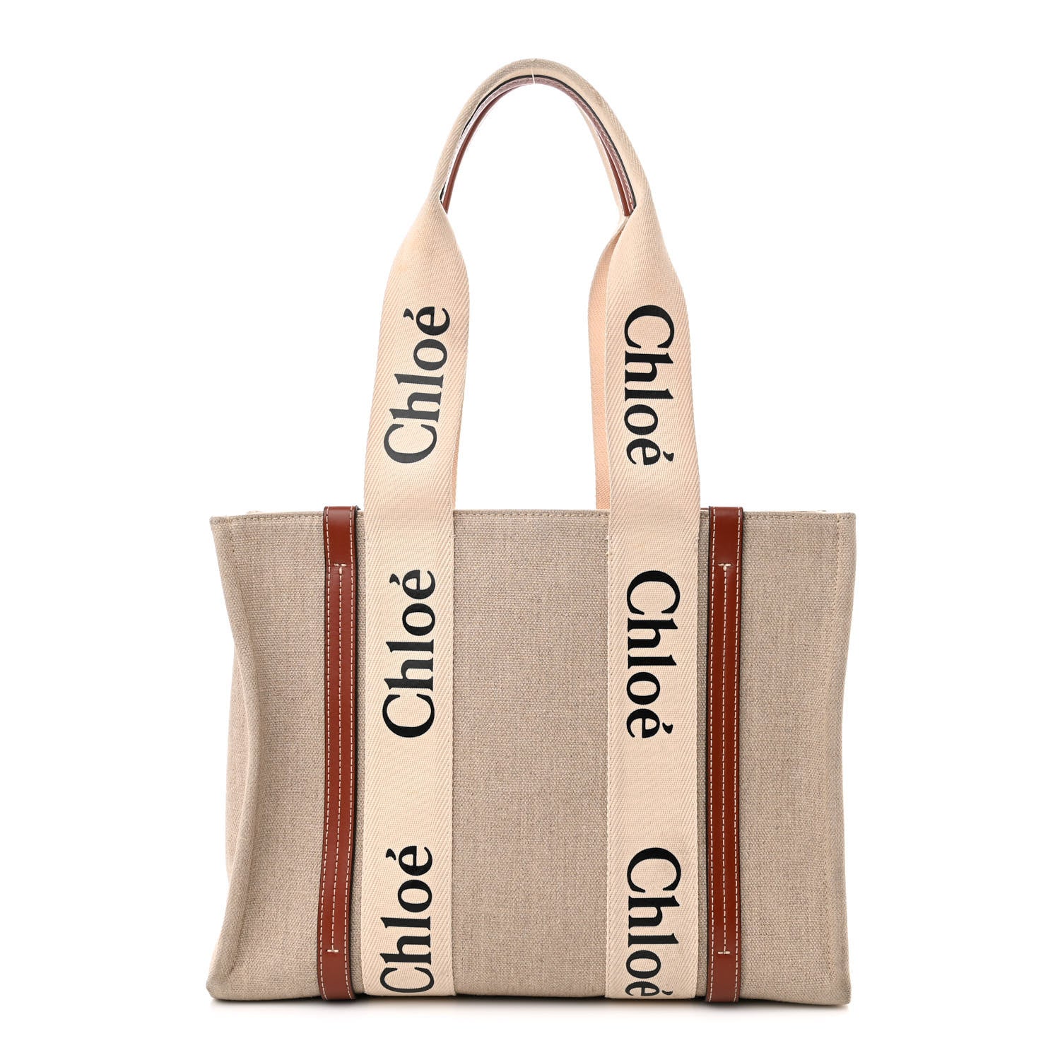 Chloe Linen Calfskin Medium Woody Ribbon Tote White Brown 1 of 17