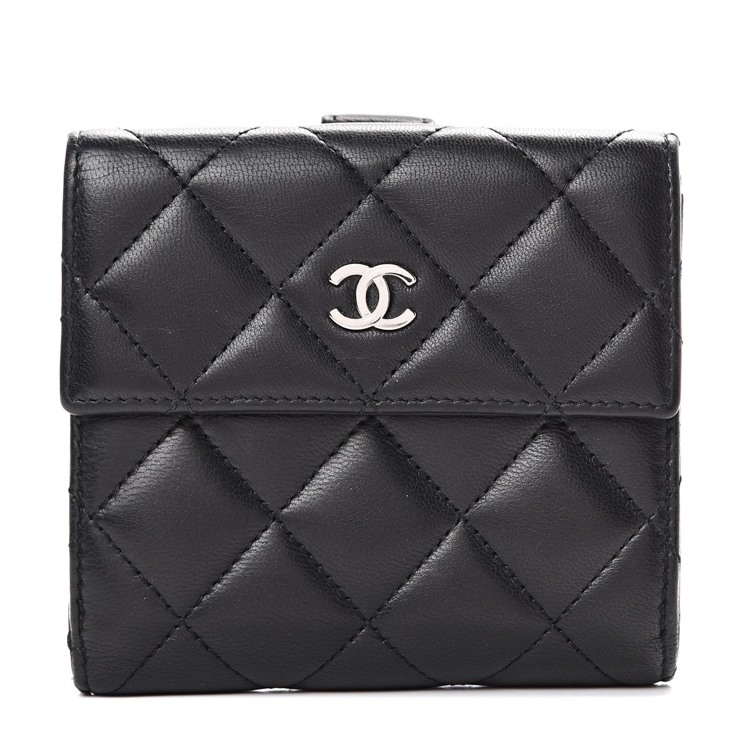 Lambskin Quilted Compact French Flap Wallet Black