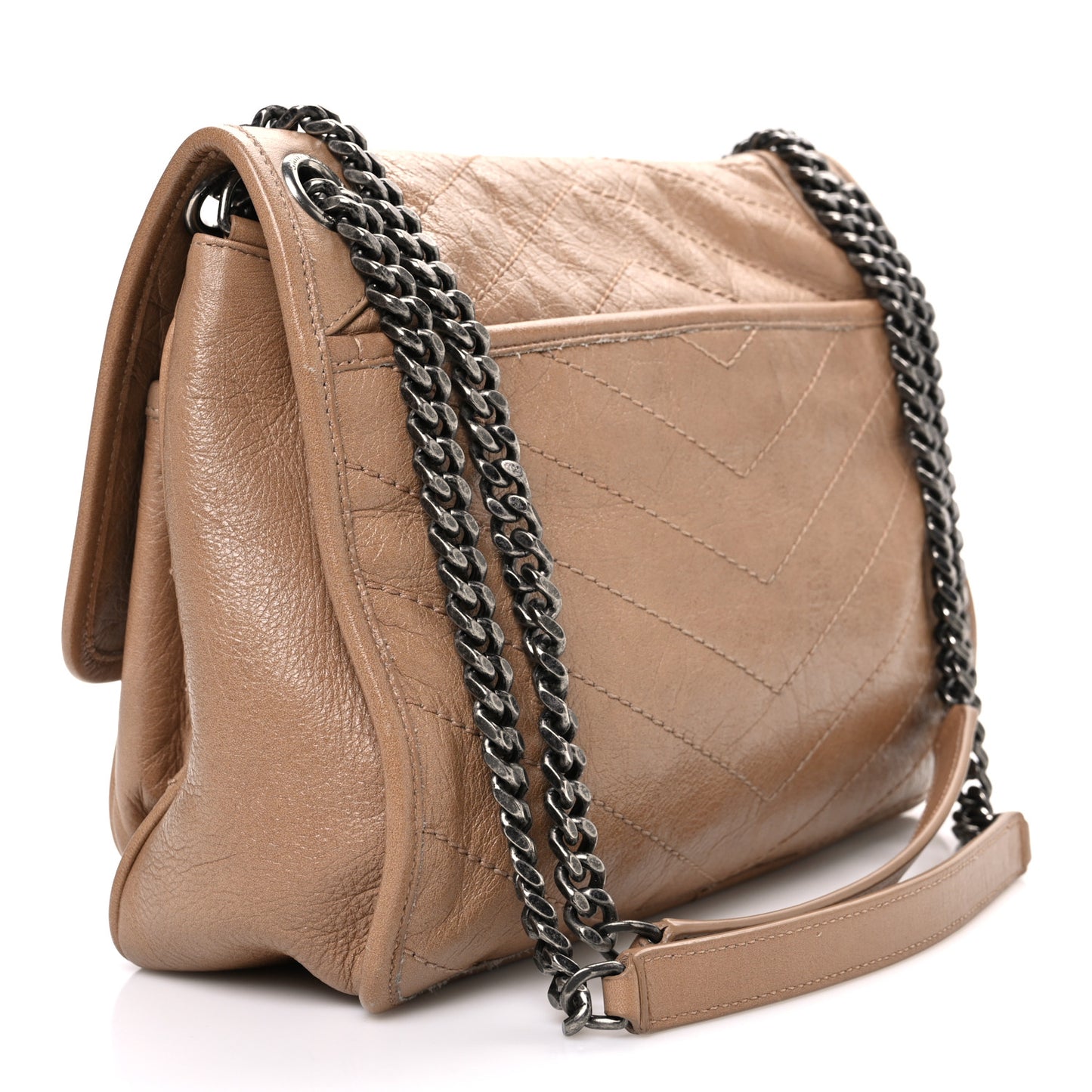 Crinkled Calfskin Matelasse Monogram Medium Niki Chain Satchel Light Taupe