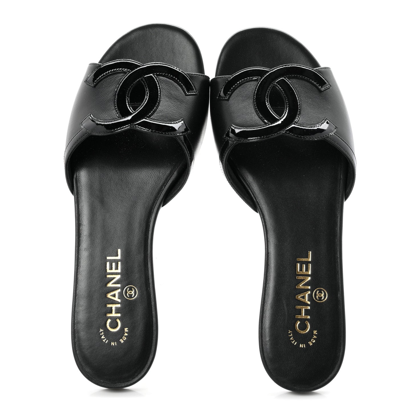 Lambskin Patent Calfskin CC Cutout Mules 39.5 Black