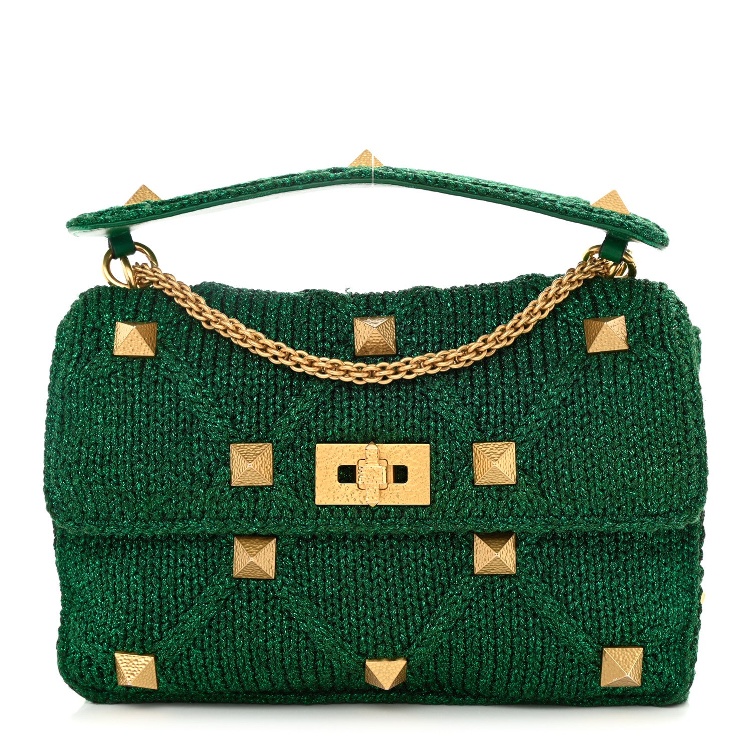 Valentino Garavani Metallic Woven Lurex Large Roman Stud Shoulder Bag Jungle 1 of 8