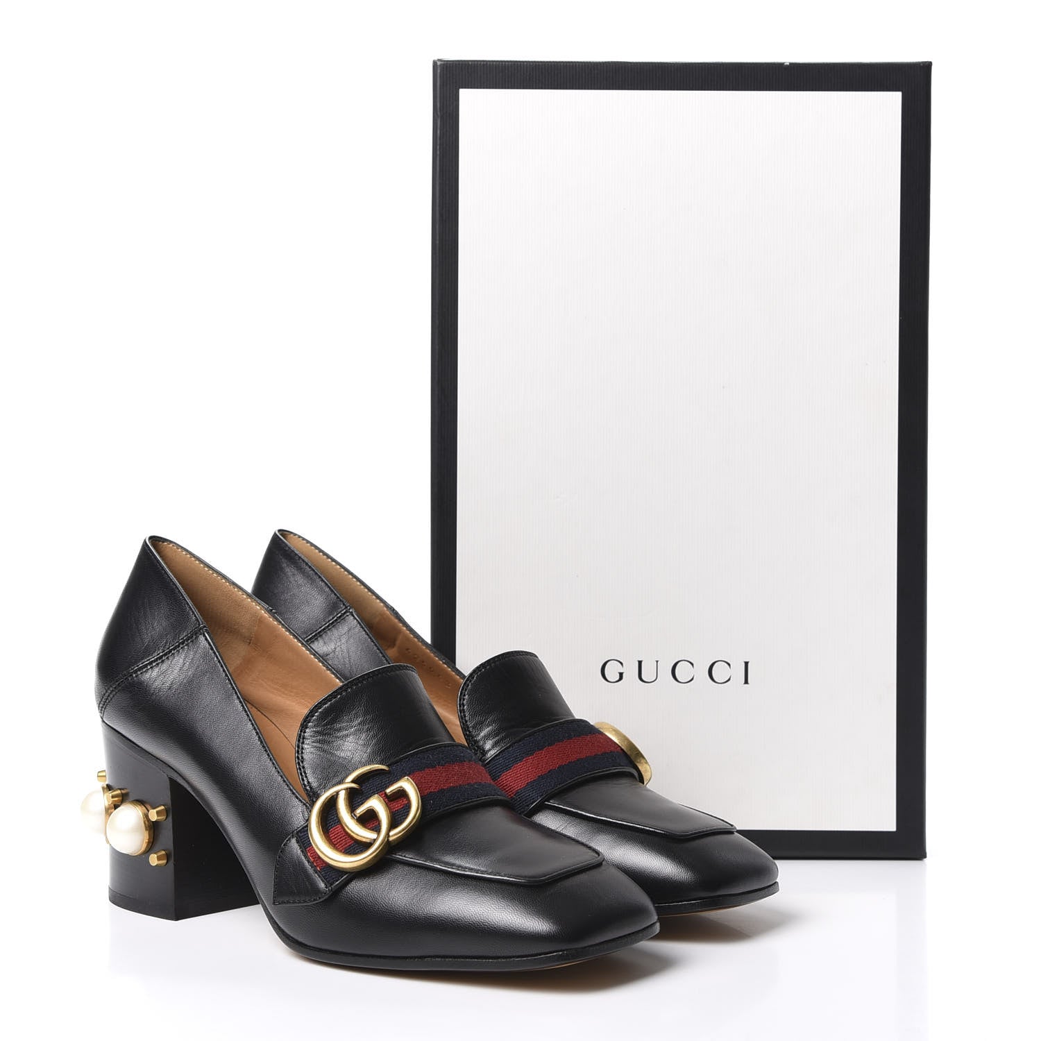 Gucci Malaga Kid Web Pearl Embellished Peyton 75mm Loafer Pumps 37 Black 11 of 11