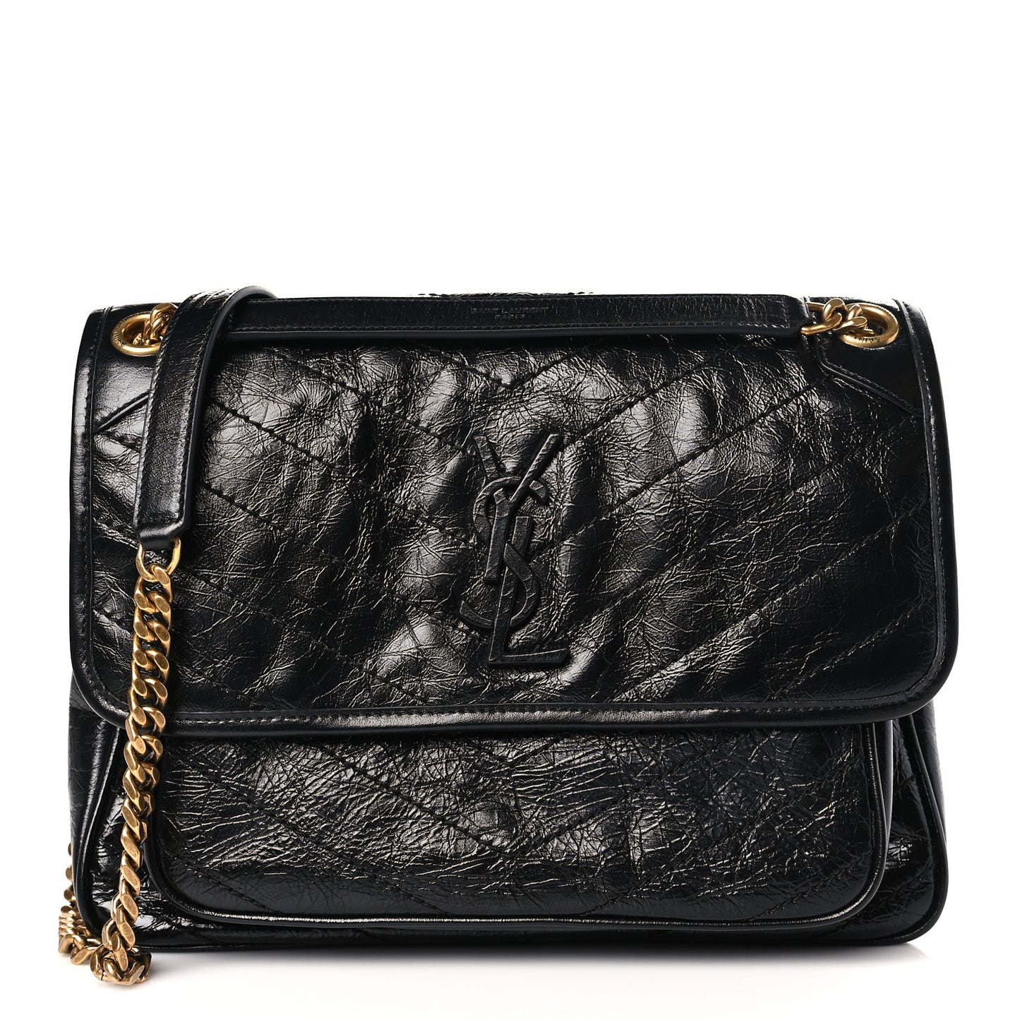 Crinkled Calfskin Matelasse Monogram Medium Niki Chain Satchel Black