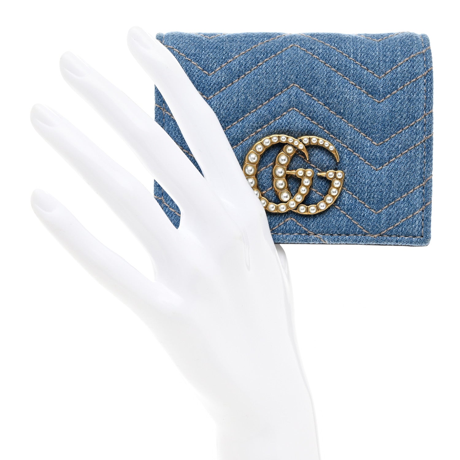 Gucci Denim Matelasse Pearly GG Marmont Card Case Wallet Blue 2 of 8
