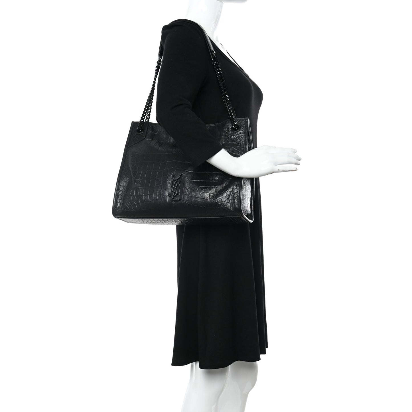 Calfskin Crocodile Embossed Monogram Medium Niki Shopping Bag Black