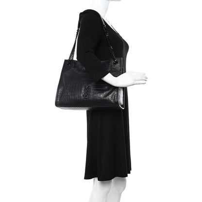 Saint Laurent Calfskin Crocodile Embossed Monogram Medium Niki Shopping Bag Black 2 of 11