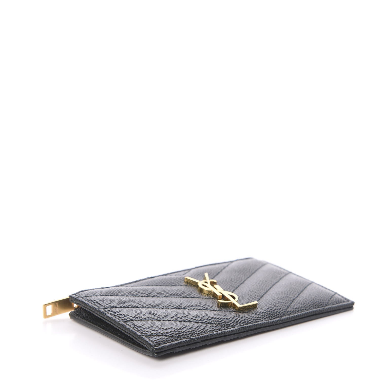 Saint Laurent Grain De Poudre Matelasse Chevron Monogram Fragments Zippered Card Case Dark Mint 4 of 6