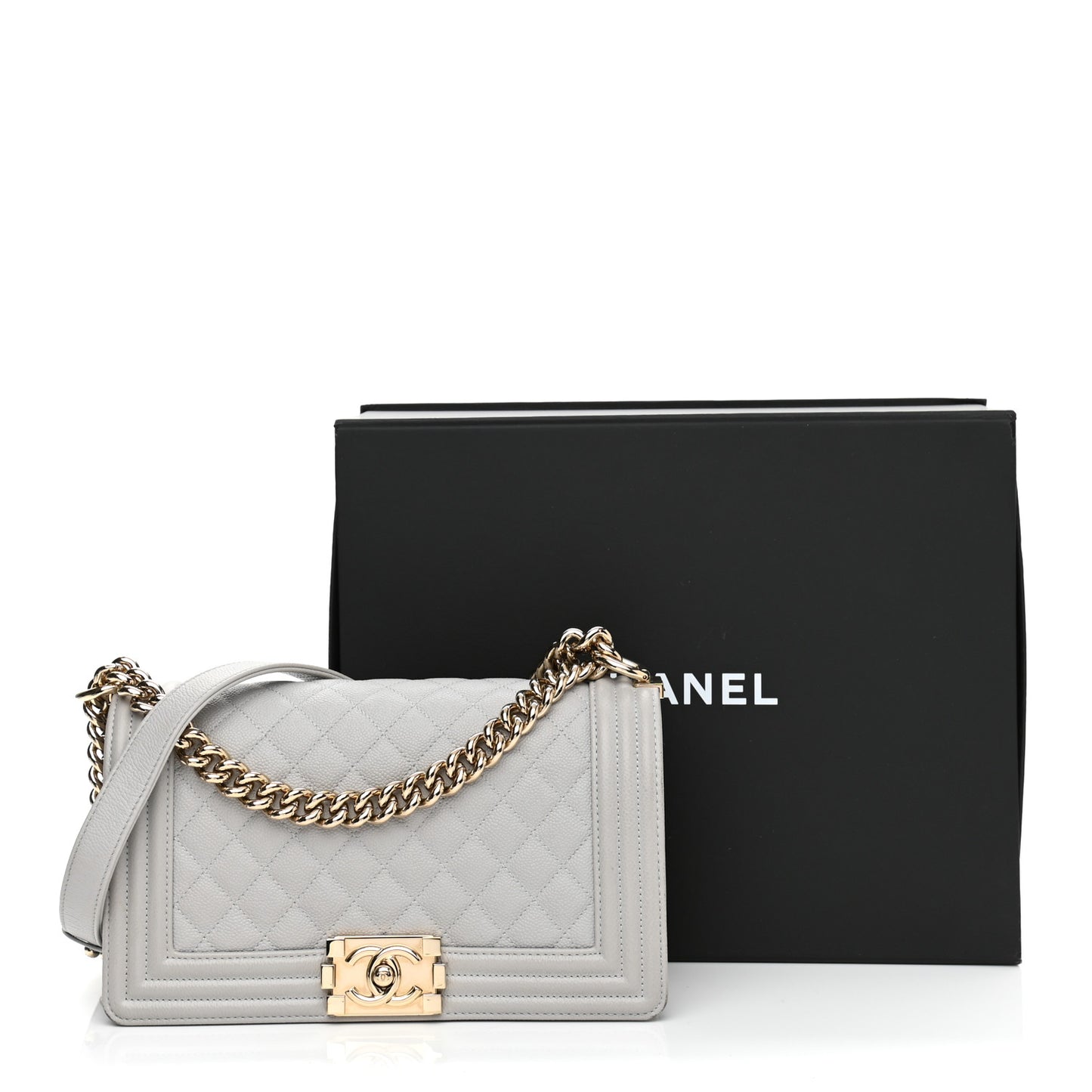 Caviar Quilted Medium Boy Flap Light Grey