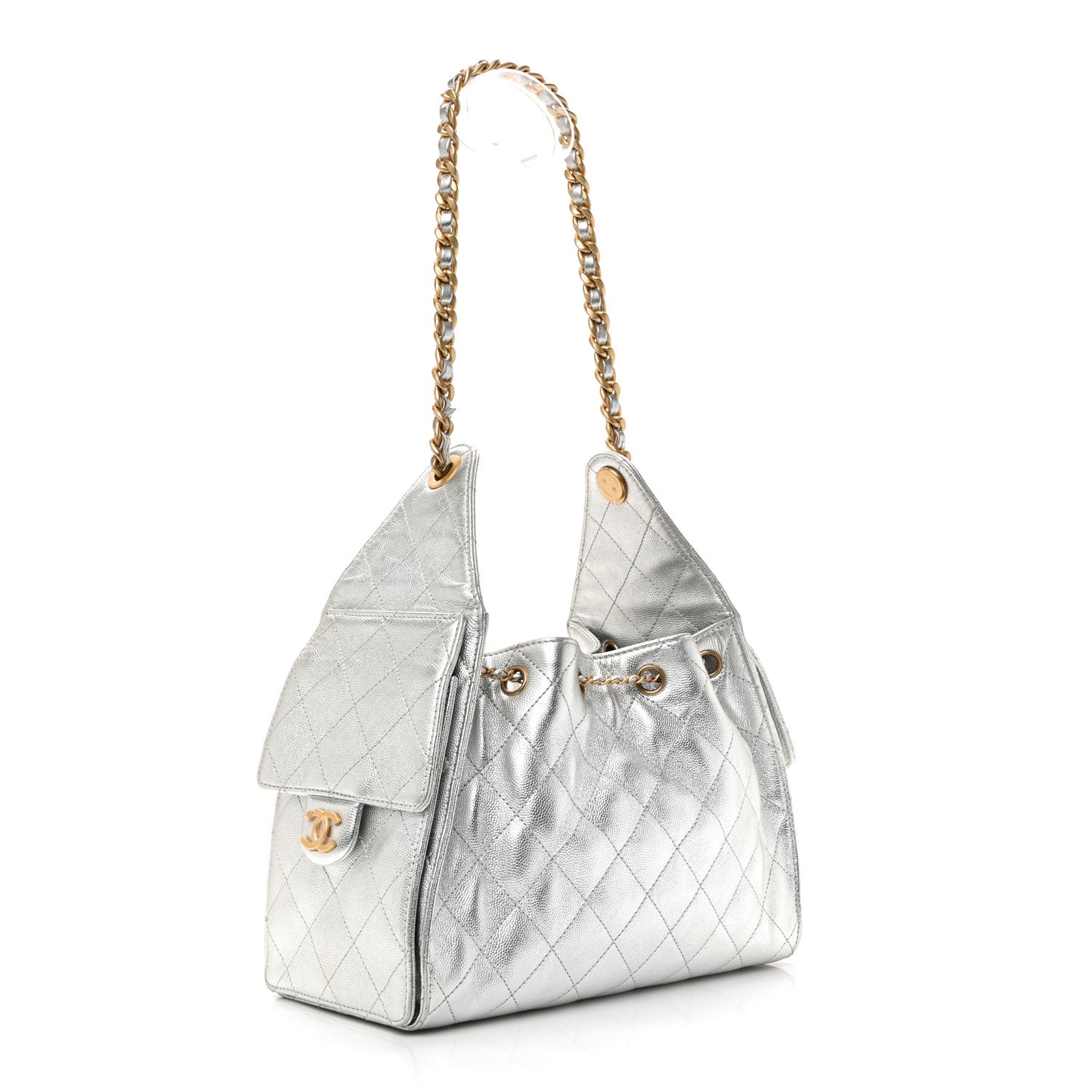 Metallic Caviar Quilted Small Chanel 25 Handbag Silver