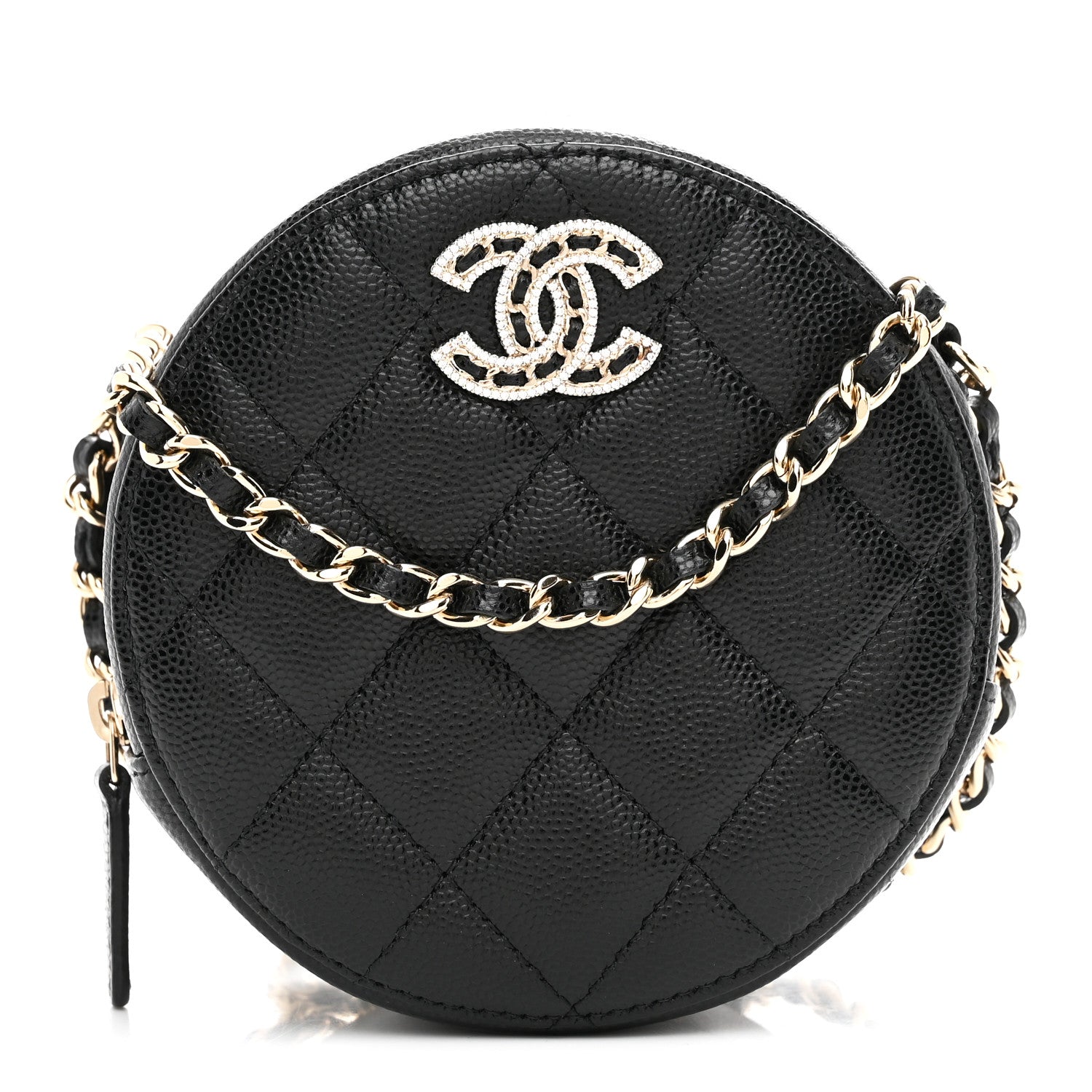 Chanel Caviar Quilted Crystal CC Round Clutch With Chain Black 1 of 10