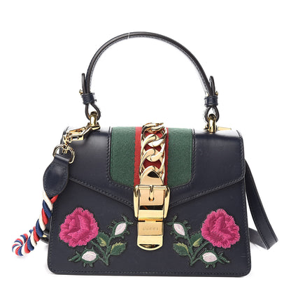 Gucci Calfskin Embroidered Mini Sylvie Top Handle Bag Blue 1 of 12