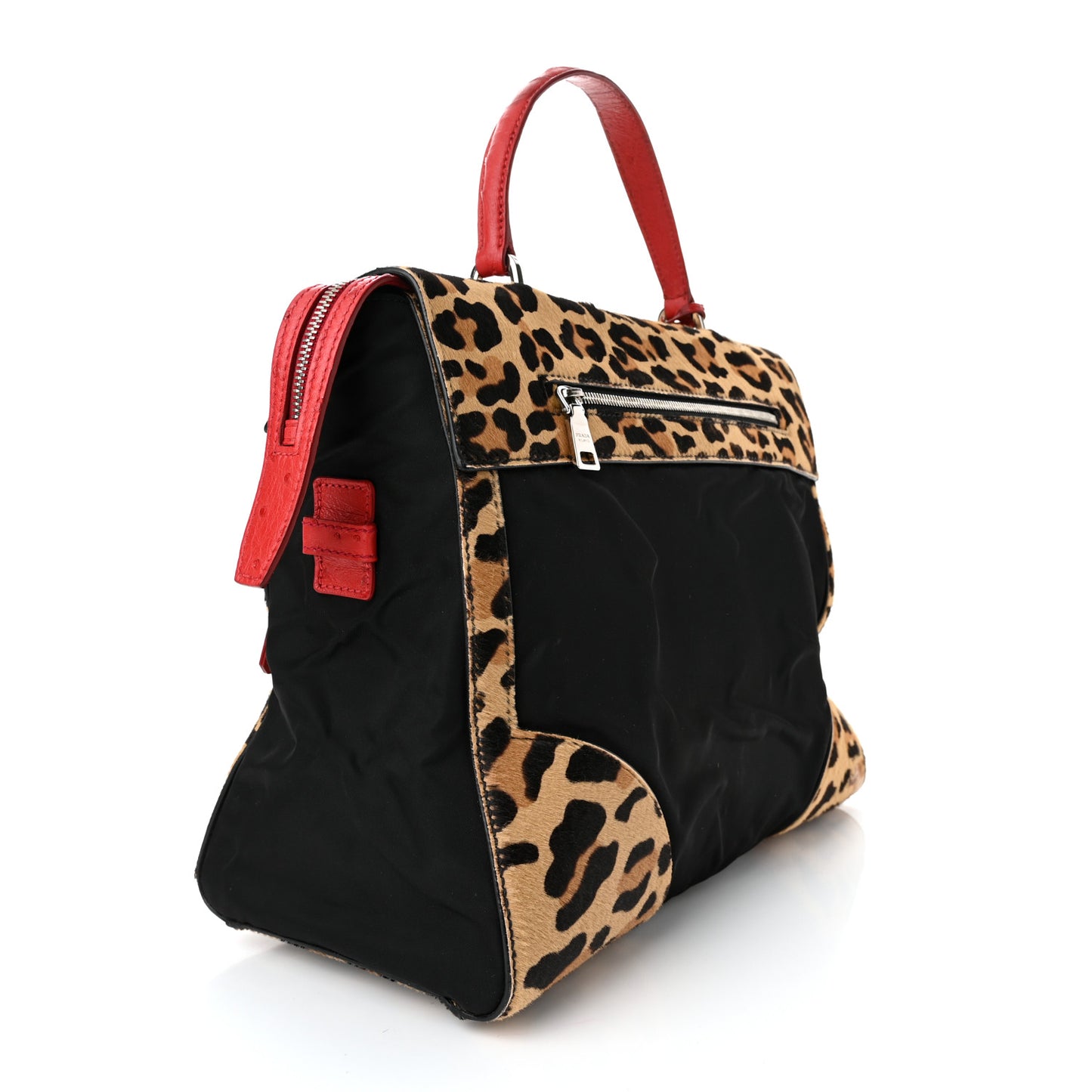 Tessuto Cavallino Ostrich Leopard Print Tote Black Miele Rosso