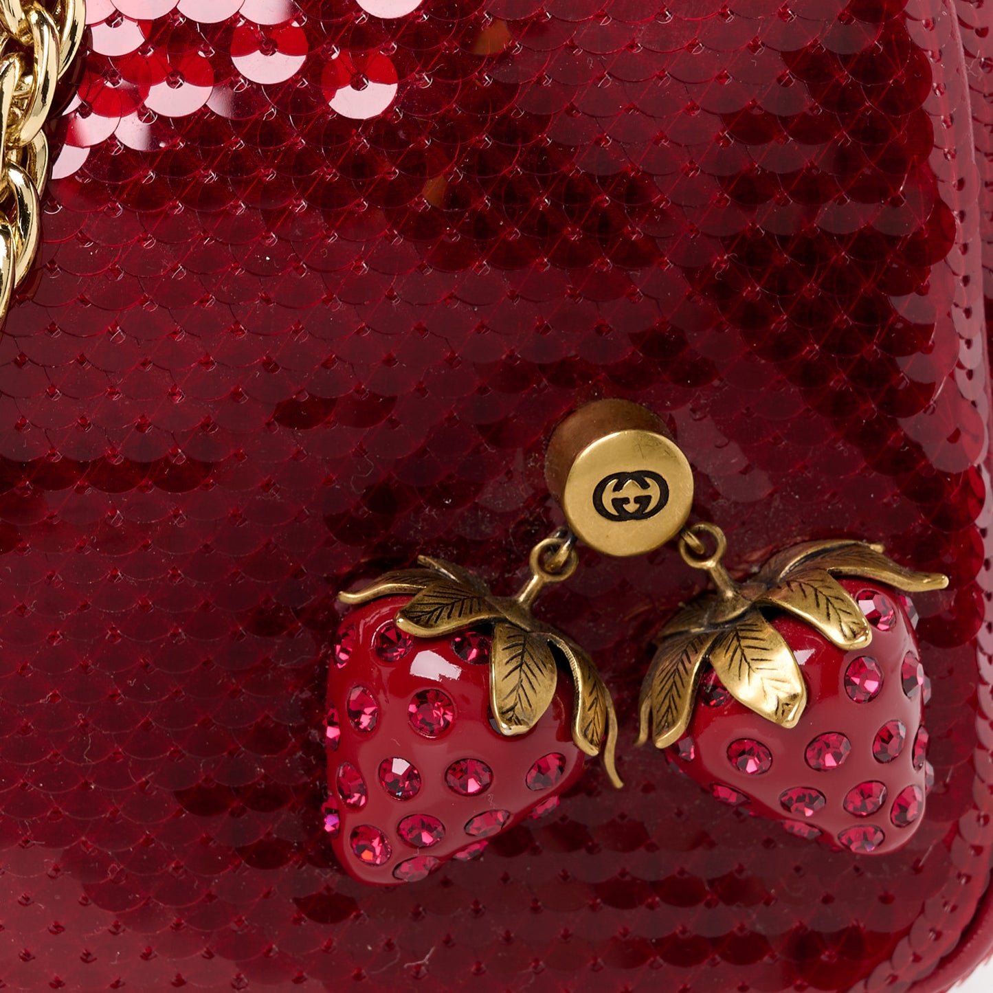 Sequin Textured Dollar Calfskin Strawberry Small Ophidia GG Handbag Red