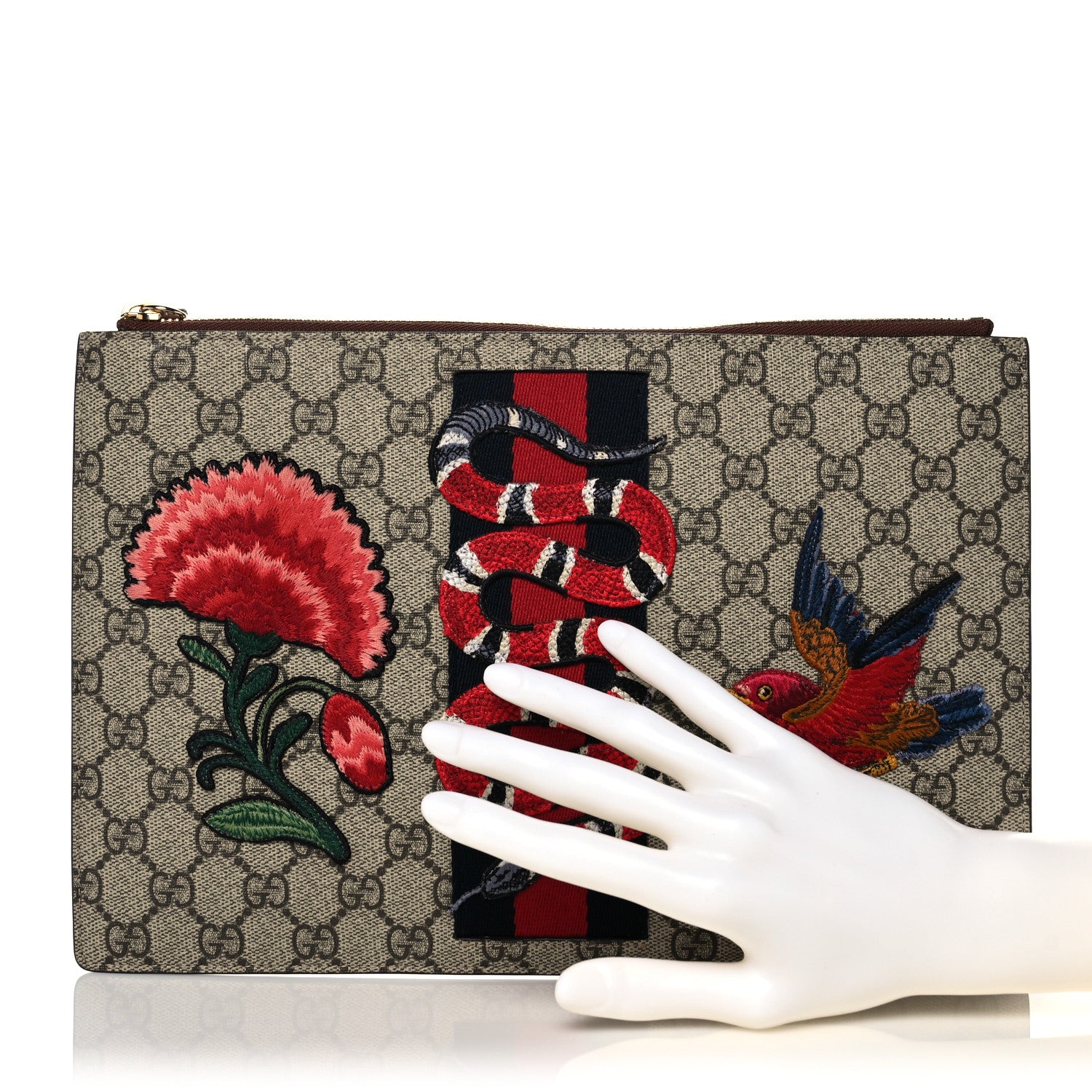 Gucci GG Supreme Monogram Web Kingsnake Embroidered Large Zip Pouch Brown 2 of 15