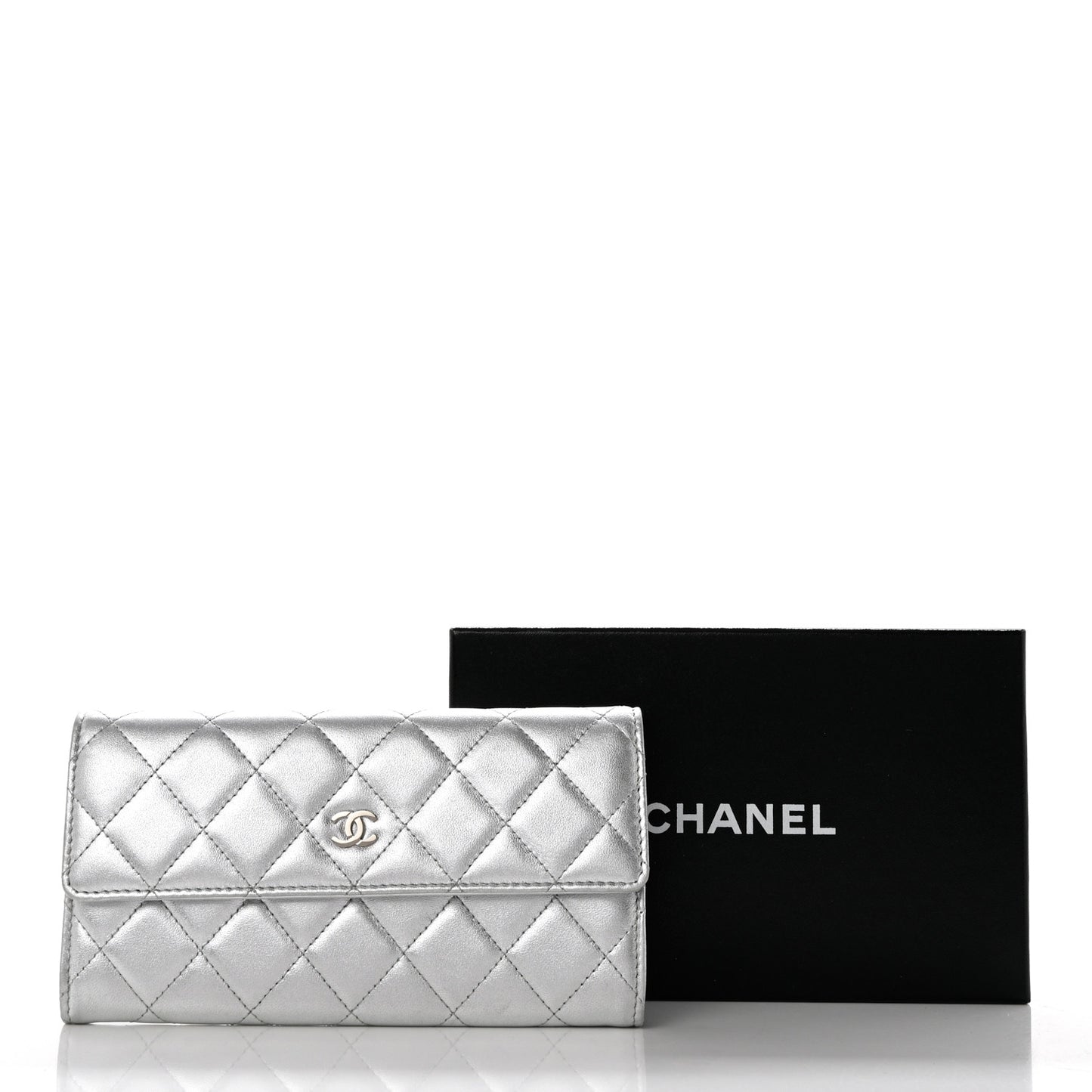 Metallic Lambskin Quilted Long Flap Wallet Silver