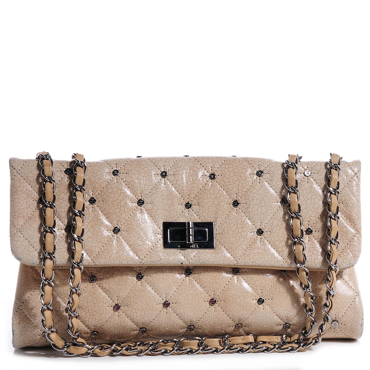 Glazed Crackled Calfskin Studded Mademoiselle Flap