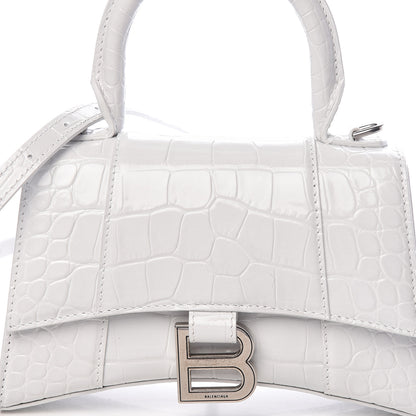 Balenciaga Shiny Calfskin Crocodile Embossed Hourglass Top Handle Bag XS White 8 of 10