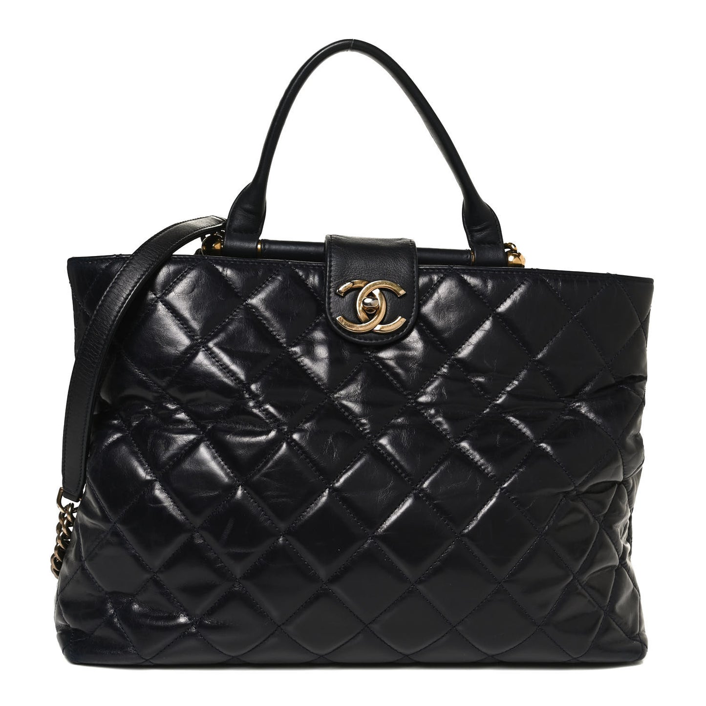 Calfskin Quilted Large Gold Bar Top Handle Tote Dark Navy Blue