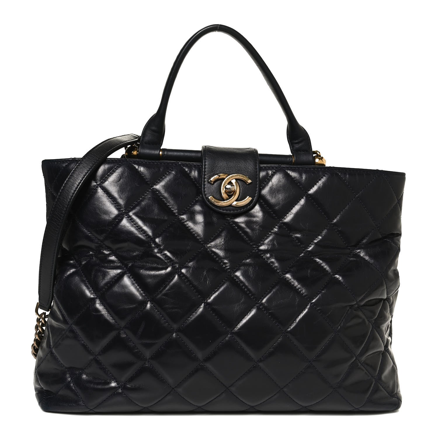 Chanel Calfskin Quilted Large Gold Bar Top Handle Tote Dark Navy Blue 1 of 11