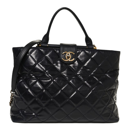 Chanel Calfskin Quilted Large Gold Bar Top Handle Tote Dark Navy Blue 1 of 11