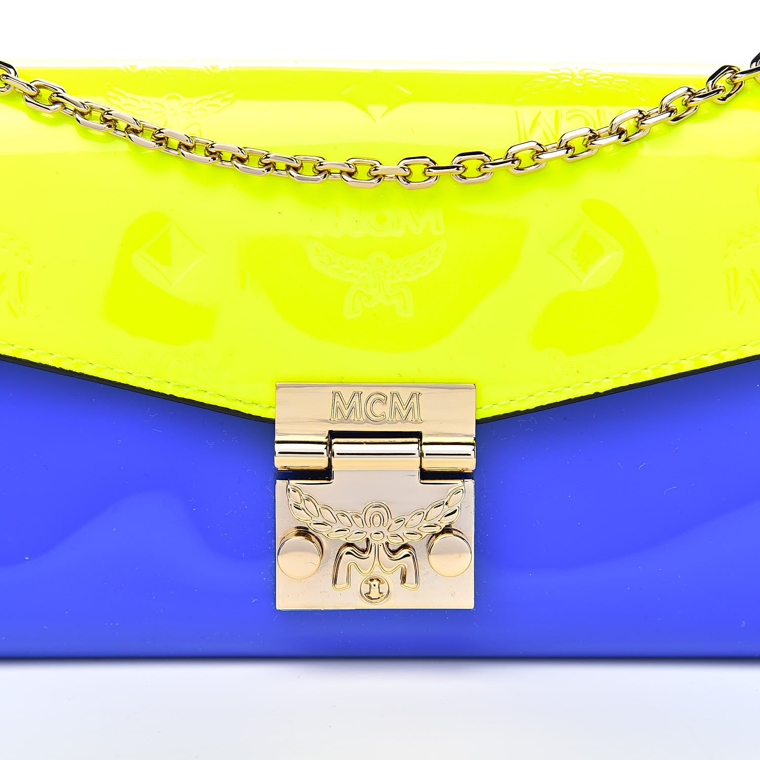 MCM Patent Two Tone Patricia Wallet On Chain Blue Neon Yellow 11 of 12