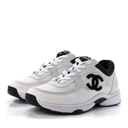 Chanel Mesh Suede Calfskin Grained Calfskin Womens CC Sneakers 39 White Black 3 of 8