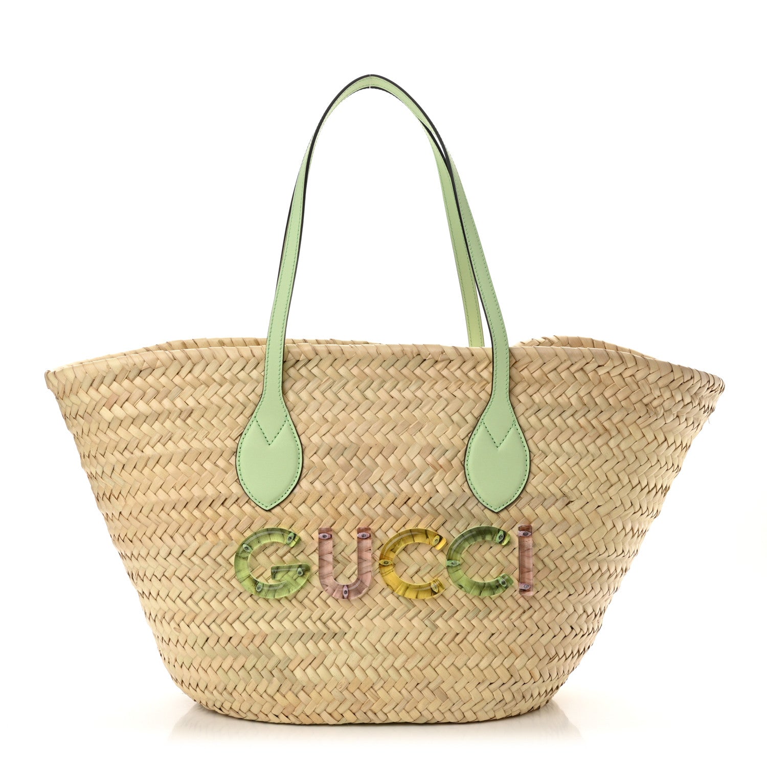 Gucci Straw Calfskin Plexiglass Small Logo Tote Pale Green 1 of 12