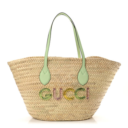 Gucci Straw Calfskin Plexiglass Small Logo Tote Pale Green 1 of 12