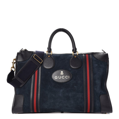 Gucci Suede Daino Textured Dollar Calfskin Web Large Duffle Bag Blue 1 of 19