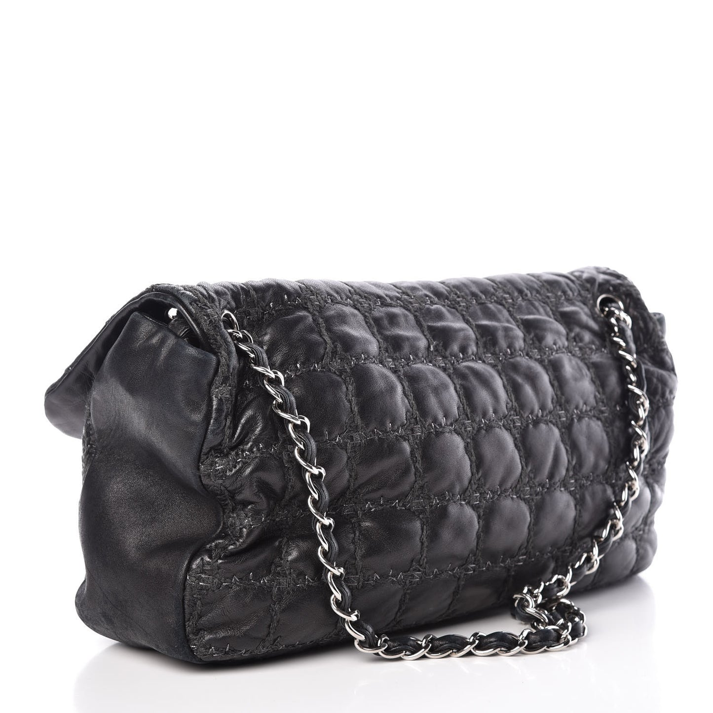 Lambskin Tweed Double Stitch Flap Black