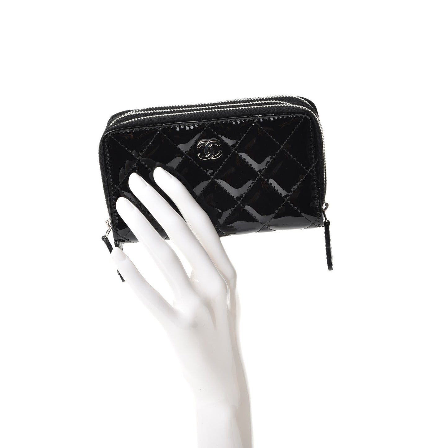 Patent Calfskin Quilted Zip Around Phone Holder Black