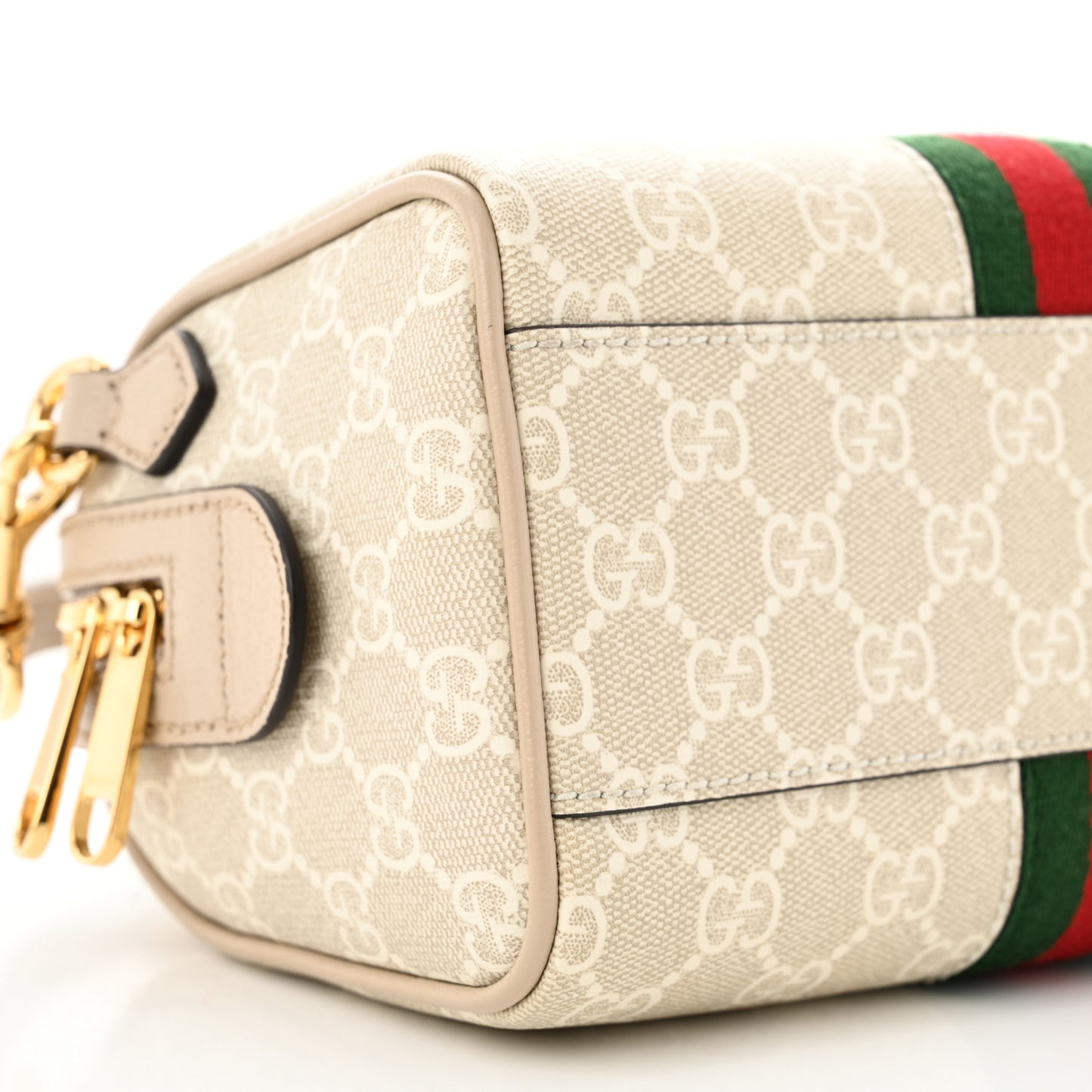 GG Supreme Monogram Textured Dollar Calfskin Web Mini Ophidia Top Handle Bag Beige Mystic White Oatmeal