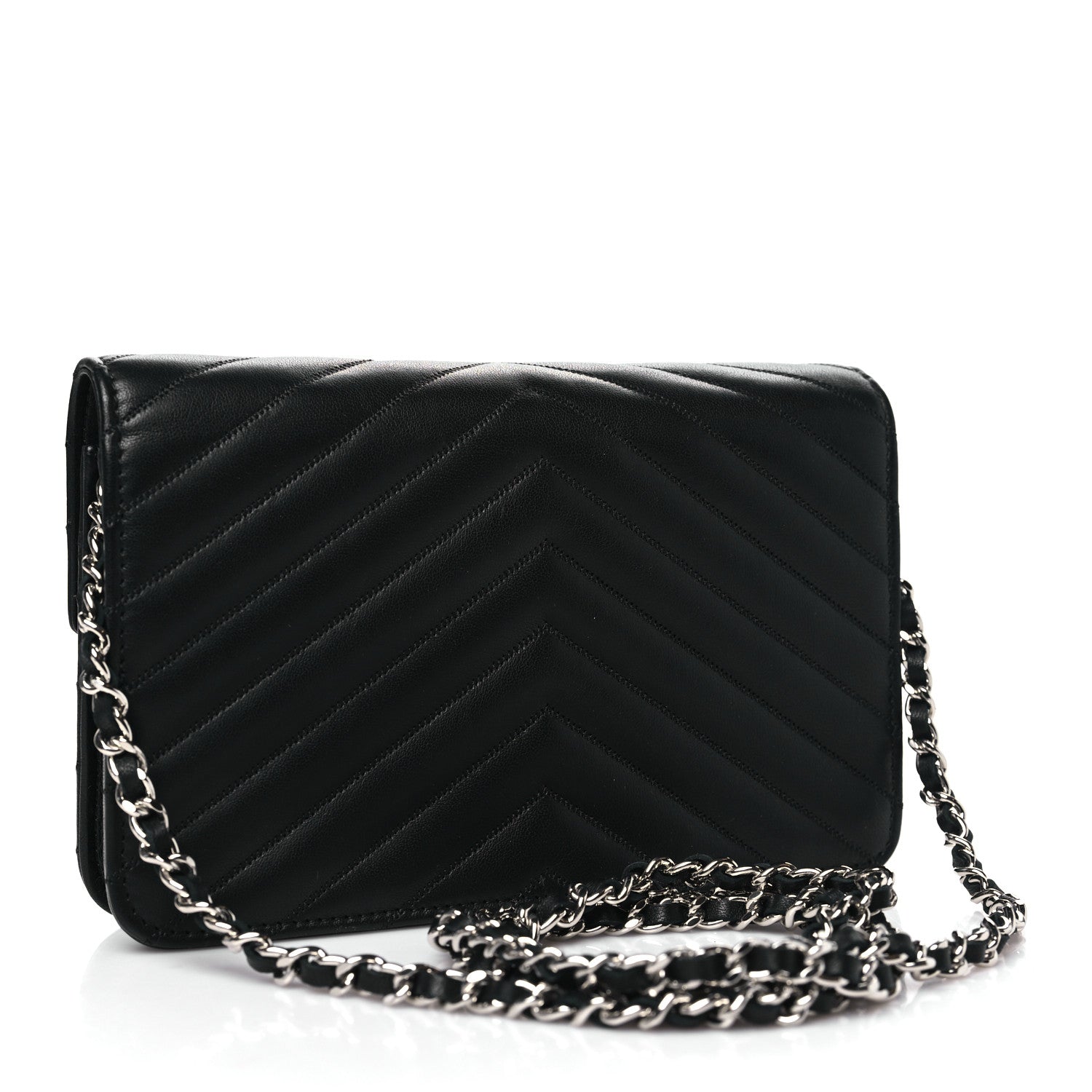 Chanel Sheepskin Chevron Wallet On Chain WOC Black 3 of 11