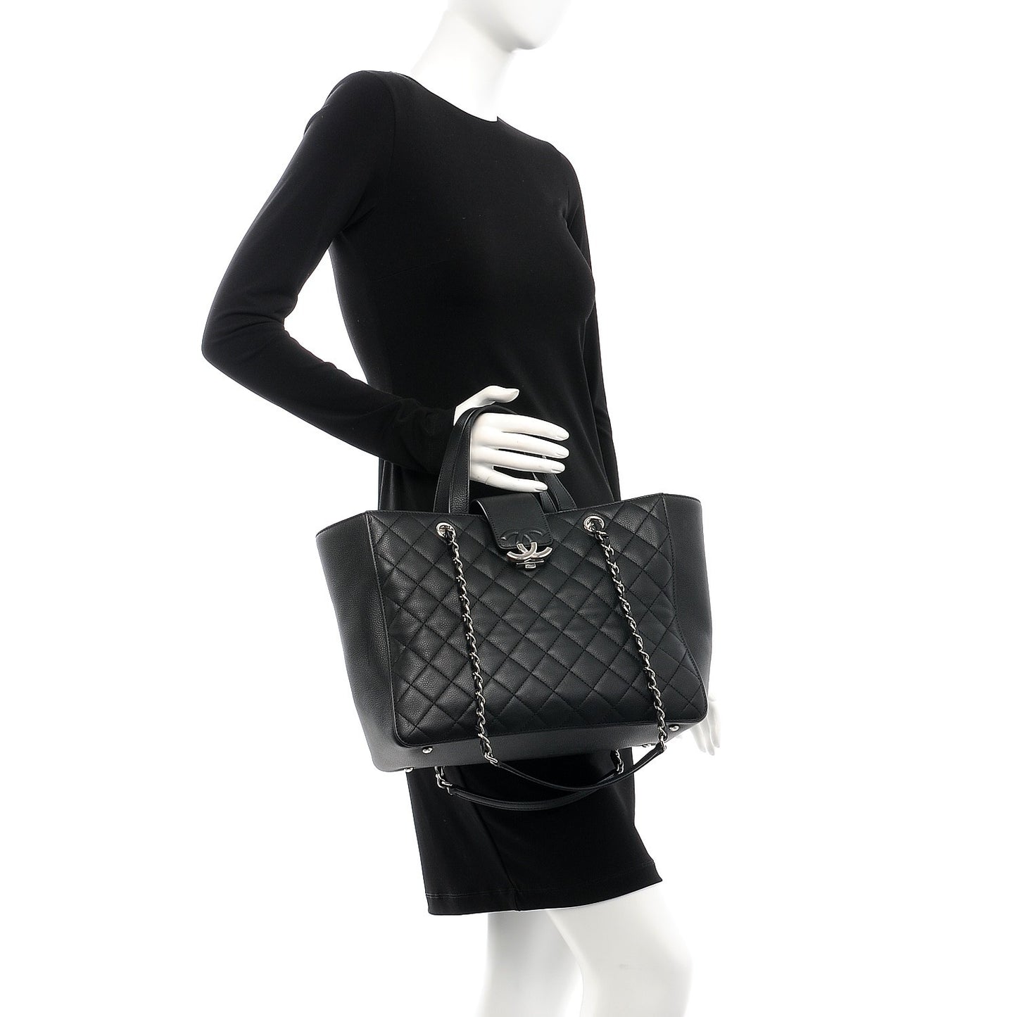 Caviar Quilted Large CC Box Shopping Tote Black