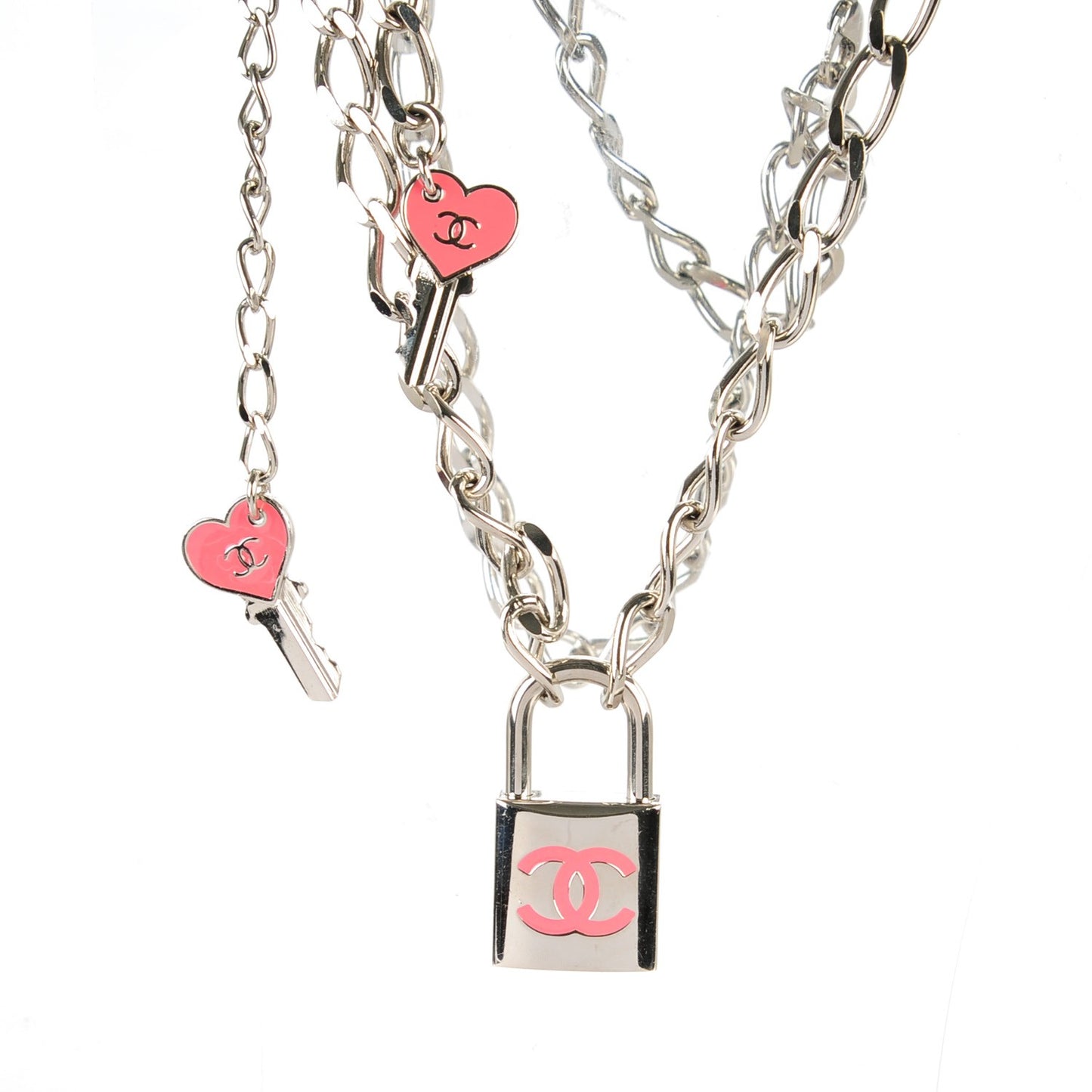 Enamel CC Padlock Chain Lock Charm Belt Pink Silver