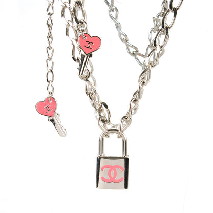 Chanel Enamel CC Padlock Chain Lock Charm Belt Pink Silver 3 of 5